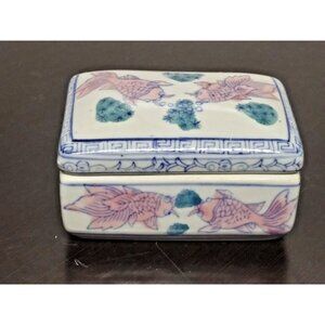 Blue White Chinese Porcelain Trinket Tooth Fairy Box Ceramic Pink fish Lidded
